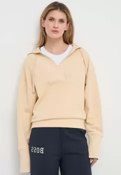 BOSS bluza femei, culoarea bej, cu gluga, neted imagine