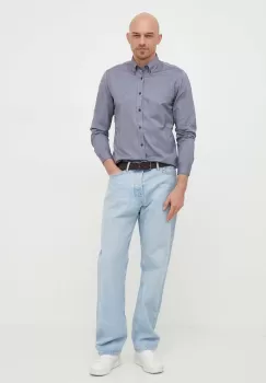 BOSS camasa din bumbac BOSS ORANGE barbati, culoarea albastru marin, cu guler italian, regular imagine