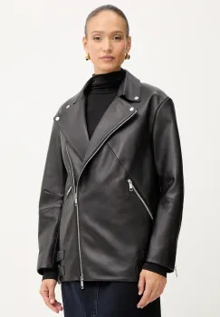 BOSS geaca ramones de piele culoarea negru, de tranzitie, oversize, 50547474 imagine