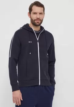 Boss Green bluza barbati, culoarea albastru marin, cu gluga, cu imprimeu imagine