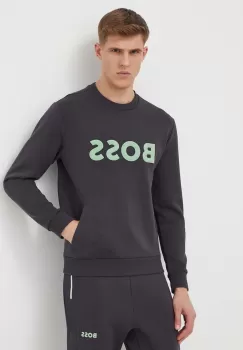 Boss Green bluza barbati, culoarea gri, cu imprimeu imagine
