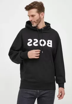 BOSS hanorac de bumbac barbati, culoarea negru, cu gluga, cu imprimeu imagine