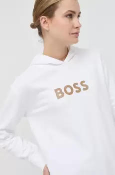 BOSS hanorac de bumbac femei, culoarea alb, cu gluga, cu imprimeu imagine
