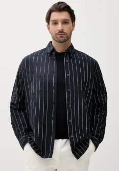 BOSS Orange camasa din amestec de in culoarea bleumarin, cu guler button-down, relaxed, 50538296 imagine