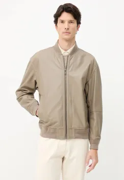 BOSS Orange geaca bomber de piele culoarea bej, de tranzitie, 50547545 imagine