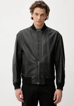BOSS Orange geaca bomber de piele culoarea negru, de tranzitie, 50547545 imagine