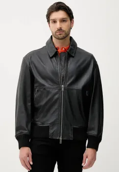 BOSS Orange geaca de piele culoarea negru, de tranzitie, oversize, 50543240 imagine
