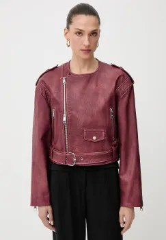 BOSS Orange geaca ramones de piele culoarea bordo, de tranzitie, oversize, 50543026 imagine