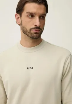 Boss Orange hanorac de bumbac barbati, culoarea bej, cu gluga, cu imprimeu imagine