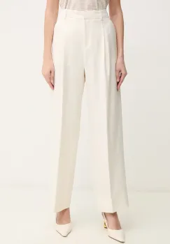 BOSS Orange pantaloni din amestec de in femei, culoarea bej, drept, high waist, 50546207 imagine