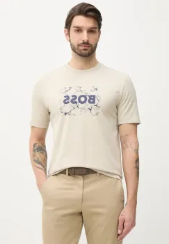 BOSS Orange tricou din bumbac barbati, culoarea bej, cu imprimeu, 50539186 imagine