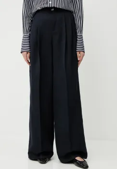 BOSS pantaloni din amestec de in femei, culoarea bleumarin, drept, high waist, 50538045 imagine