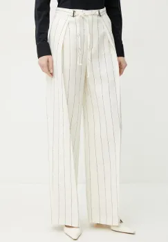 BOSS pantaloni din in femei, culoarea bej, lat, high waist, 50538216 imagine