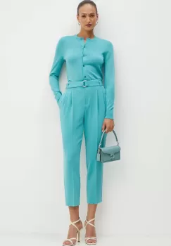 BOSS pantaloni femei, culoarea turcoaz, drept, high waist imagine