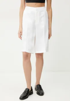 BOSS pantaloni scurti din amestec de in femei, culoarea alb, neted, high waist, 50537403 imagine