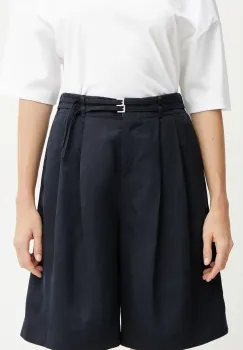 BOSS pantaloni scurti din amestec de in femei, culoarea bleumarin, uni, high waist, 50537809 imagine