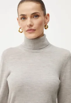 BOSS pulover de lana femei, culoarea gri, light, cu guler imagine