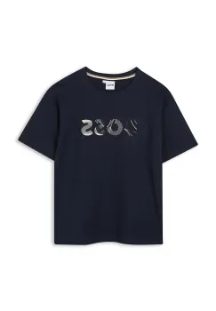 BOSS tricou de bumbac pentru copii culoarea bleumarin, cu imprimeu, J52372 imagine