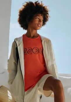 BOSS tricou de bumbac pentru copii culoarea portocaliu, cu imprimeu, J52034 imagine