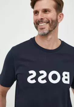 BOSS tricou din bumbac culoarea albastru marin, cu imprimeu imagine