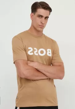 BOSS tricou din bumbac culoarea bej, cu imprimeu imagine