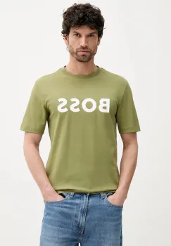BOSS tricou din bumbac culoarea bej, cu imprimeu imagine