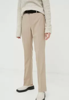 Bruuns Bazaar pantaloni femei, culoarea bej, drept, high waist imagine