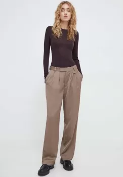 Bruuns Bazaar pantaloni femei, culoarea bej, drept, high waist imagine