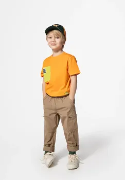 Coccodrillo pantaloni de bumbac pentru copii culoarea maro, neted, MONOCHROME BOY KIDS imagine