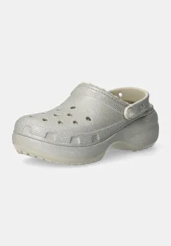 Crocs papuci Classic Platform Glitter Lined Clog W femei, culoarea argintiu, cu platforma, 210413 imagine