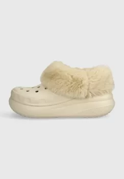 Crocs papuci Furever Crush femei, culoarea bej, cu platforma, 208446 imagine