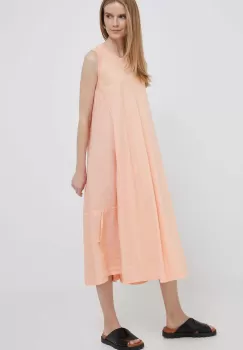 Deha rochie din amestec de in culoarea portocaliu, midi, evazati imagine