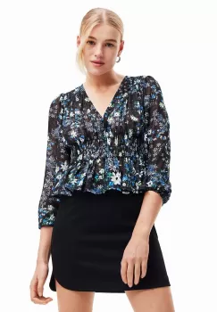 Desigual bluza 23WWBW06 WOMAN WOVEN BLOUSE LONG SLEEVE femei, culoarea albastru marin, in modele florale imagine
