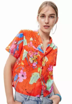 Desigual camasa din bumbac femei, culoarea rosu, cu guler clasic, relaxed imagine