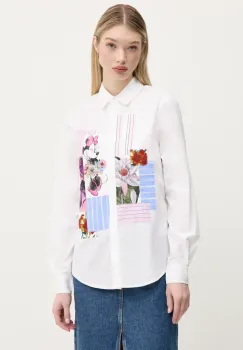 Desigual camasa din bumbac FLOWERS MINNIE femei, culoarea alb, cu guler clasic, regular, 25SWCW24 imagine