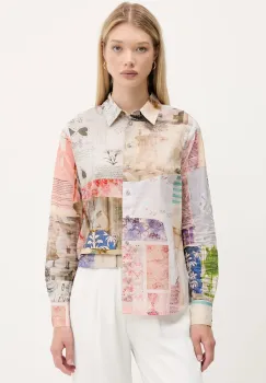 Desigual camasa din bumbac PHOTOPOST culoarea bej, cu guler clasic, regular, 25WWCW18 imagine