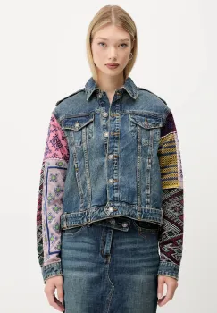 Desigual geaca jeans ETNIC culoarea albastru marin, de tranzitie, 25WWED14 imagine