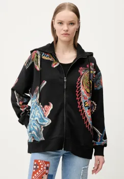 Desigual hanorac de bumbac MELTED PAISLEYS femei, culoarea negru, cu gluga, modelator, 25SWSK01 imagine