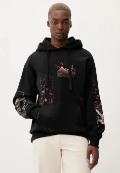 Desigual hanorac de bumbac POSTCARDS culoarea negru, cu gluga, cu imprimeu, 25WMSK13 imagine