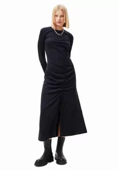 Desigual rochie 23WWVWA0 WOMAN WOVEN DRESS LONG SLEEVE culoarea negru, midi, mulata imagine