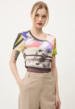 Desigual tricou COLLAGE femei, culoarea bej, 25SWTK14 imagine
