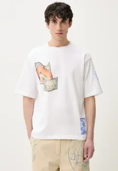 Desigual tricou din bumbac KIKO barbati, culoarea alb, cu imprimeu, 25SMTK23 imagine