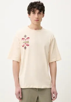 Desigual tricou din bumbac WISCONSIN barbati, culoarea bej, cu imprimeu, 25SMTK10 imagine