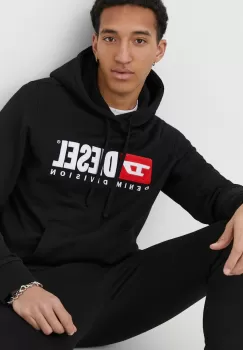 Diesel hanorac de bumbac barbati, culoarea negru, cu gluga, cu imprimeu imagine
