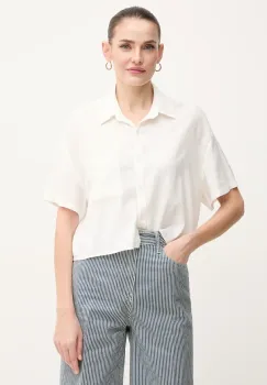 Dkny camasa de in femei, culoarea bej, cu guler clasic, relaxed, DJ5W2056 imagine