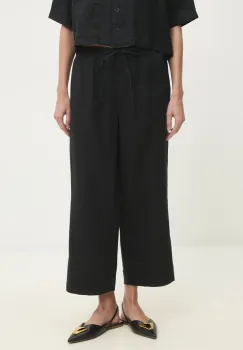 Dkny pantaloni din in femei, culoarea negru, lat, high waist imagine