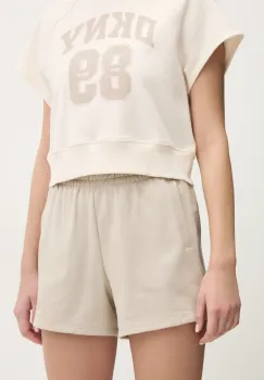 Dkny pantaloni scurti din bumbac femei, culoarea bej, uni, high waist, DP5S5252 imagine