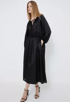 Dkny rochie din amestec de matase culoarea negru, midi, evazati imagine