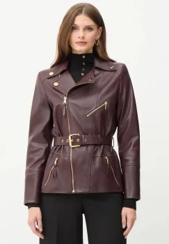 Elisabetta Franchi geaca ramones de piele culoarea bordo, GD50Z56E2 imagine