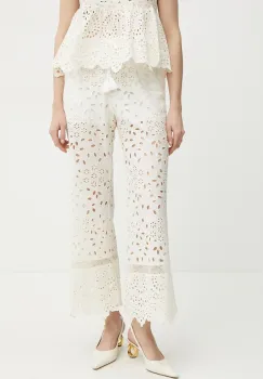 Ermanno Scervino pantaloni de bumbac femei, culoarea alb, evazati, high waist, 56TP007EN3 imagine